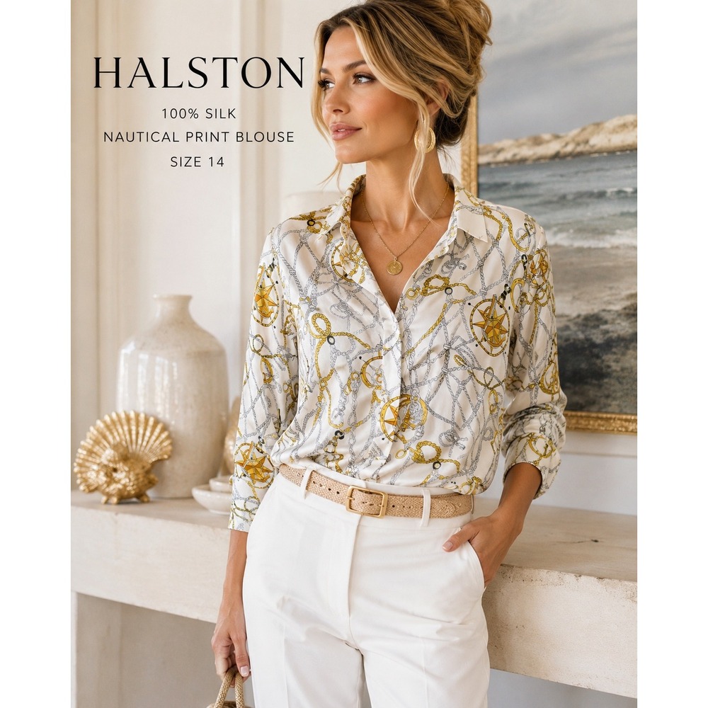 Halston Silk Nautical Rope Compass Blouse 14 Coastal Luxe Button Shirt